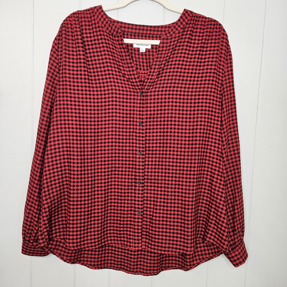 Westbound Women's Button Up Top Plaid Red And Black Light Flannel Material Large